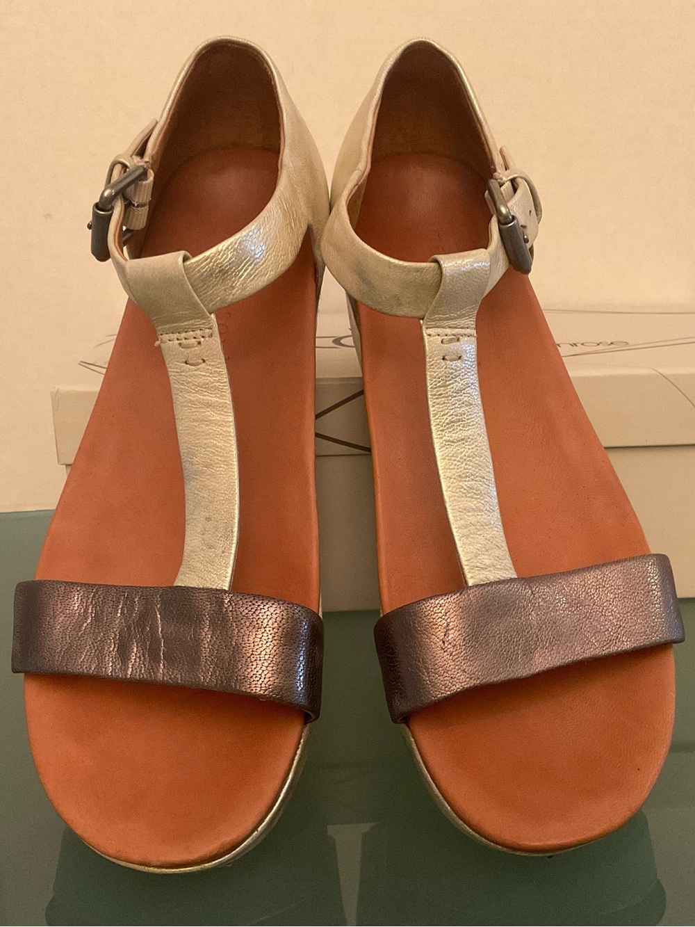 GENTLE SOULS T STRAP SANDAL W/ SLIGHT WEDGE BRONZE 
SILVER